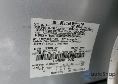 2013 Ford Taurus Limited из США, поврежденный, VIN 1FAHP2F8XDG195843